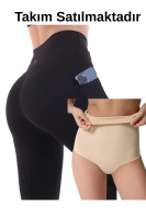 Siyah Kadın Set Cepli Spor Tayt Ve Bej Silikonlu Lazer Slip Takım - Yoga Fitnes - Plates - Toparlayıcı Leggings