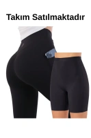 Siyah Kadın Set Cepli Spor Tayt Ve Siyah Silikonlu Boxer Korse Takım - Yoga Fitnes - Plates - Toparlayıcı Leggings