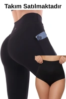 Siyah Kadın Set Cepli Spor Tayt Ve Siyah Silikonlu Lazer Slip Takım - Yoga Fitnes - Plates - Toparlayıcı Leggings