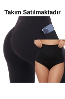 Siyah Kadın Set Cepli Spor Tayt Ve Siyah Silikonlu Lazer Slip Takım - Yoga Fitnes - Plates - Toparlayıcı Leggings