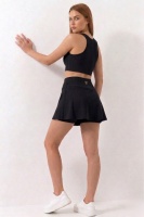 Siyah Yüksek Bel Çift Katmanlı Mini Etek Tenis Eteği ve Fermuarlı Büstiyer Crop Takım