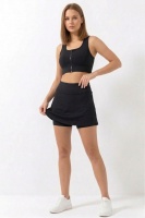 Siyah Yüksek Bel Çift Katmanlı Mini Etek Tenis Eteği ve Fermuarlı Büstiyer Crop Takım