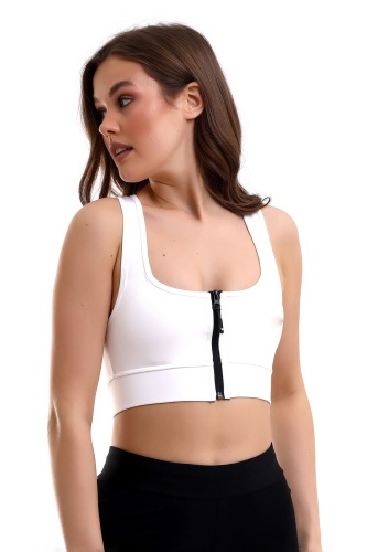 Beyaz Crop Pedli Destekli Dolgulu Önü Fermuarlı Spor Sütyeni