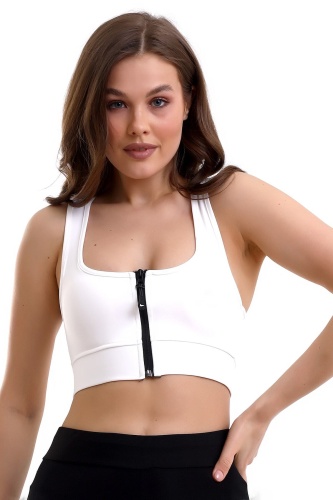 Beyaz Crop Pedli Destekli Dolgulu Önü Fermuarlı Spor Sütyeni