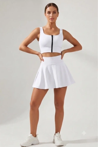Beyaz Yüksek Bel Çift Katmanlı Mini Etek Tenis Eteği ve Fermuarlı Büstiyer Crop Takım