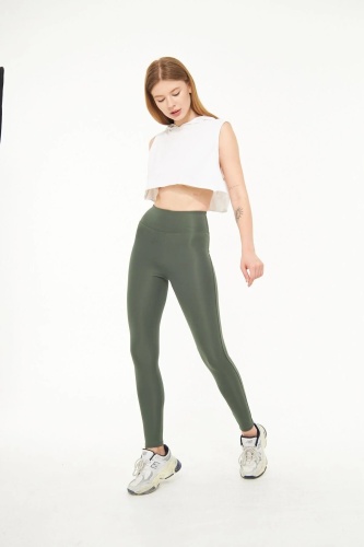 EMFURE Haki Kadın Spor Tayt Sıkılaştırıcı Toparlayıcı Yüksek Bel Tam Boy Spor Tayt