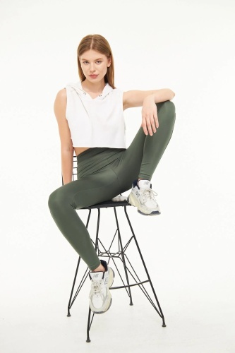 EMFURE Haki Kadın Spor Tayt Sıkılaştırıcı Toparlayıcı Yüksek Bel Tam Boy Spor Tayt