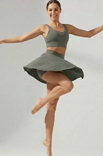 EMFURE Haki Yüksek Bel Tenis ve Yoga Eteği - Çift Katmanlı Esnek Şortlu Mini Spor Etek