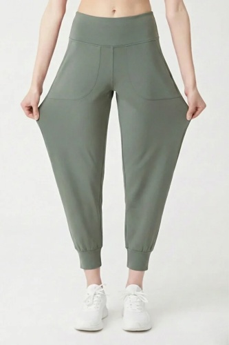 EMFURE Kadın Haki Çift Cepli Yüksek Bel Lastikli Rahat Kesim Jogger Eşofman Altı