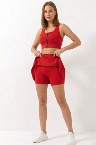 EMFURE Kırmızı Yüksek Bel Çift Katmanlı Mini Etek Tenis Eteği ve Fermuarlı Büstiyer Crop Takım