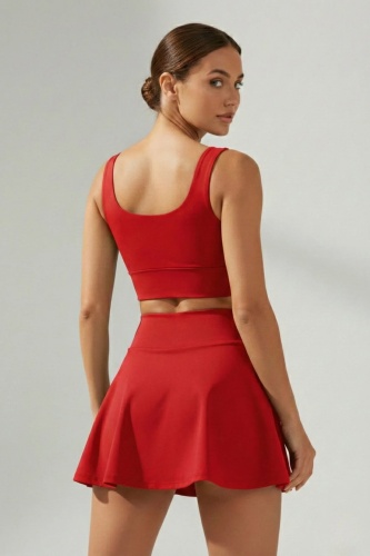 EMFURE Kırmızı Yüksek Bel Tenis ve Yoga Eteği - Çift Katmanlı Esnek Şortlu Mini Spor Etek