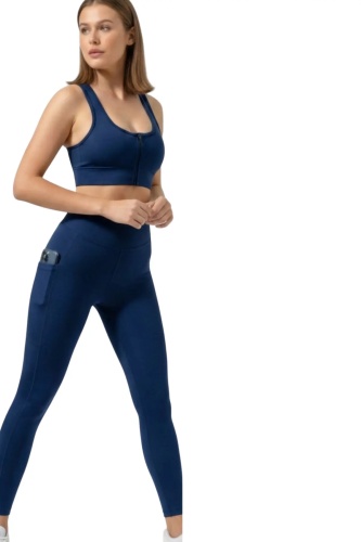 EMFURE Lacivert Kadın Set Cepli Spor Tayt ve Fermuarlı Büstiyer Takım - Yoga Fitnes - Plates Seti