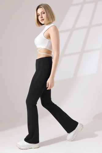 EMFURE Siyah Kadın Fermuarlı İspanyol Paça Spor Tayt