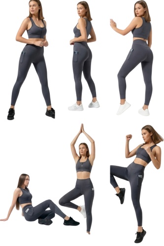 Füme Kadın Set Cepli Spor Tayt ve Fermuarlı Büstiyer Takım - Yoga Fitnes - Plates Seti