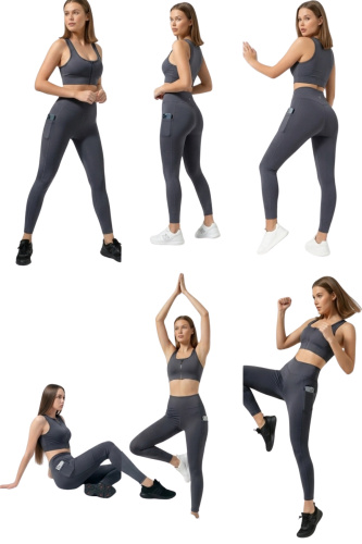 Füme Kadın Set Cepli Spor Tayt ve Fermuarlı Büstiyer Takım - Yoga Fitnes - Plates Seti
