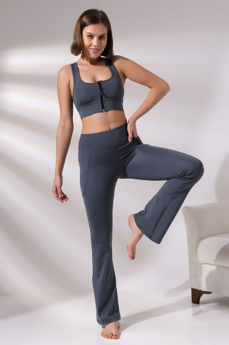 Füme Kadın Yüksek Bel Toparlayıcı Çift Cepli Ispanyol Paça Spor Tayt Bootcut Leggings