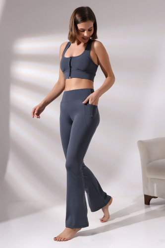 Füme Kadın Yüksek Bel Toparlayıcı Çift Cepli Ispanyol Paça Spor Tayt Bootcut Leggings