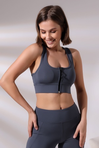 Füme Pedli Fermuarlı Spor Büstiyer - Sports Bra / Crop Destekli Spor Sütyeni