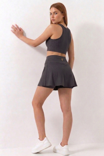 Füme Yüksek Bel Çift Katmanlı Mini Etek Tenis Eteği ve Fermuarlı Büstiyer Crop Takım