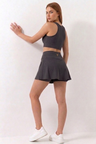 Füme Yüksek Bel Çift Katmanlı Mini Etek Tenis Eteği ve Fermuarlı Büstiyer Crop Takım