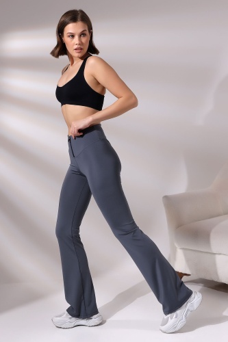Gri Kadın Fermuarlı İspanyol Paça Spor Tayt Sıkılaştırıcı Toparlayıcı Sporcu Bootcut Leggings