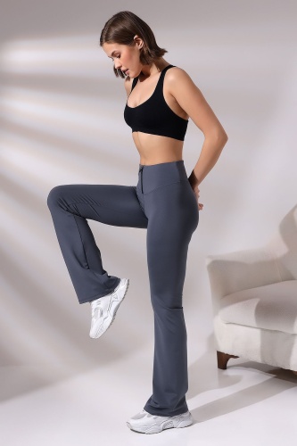 Gri Kadın Fermuarlı İspanyol Paça Spor Tayt Sıkılaştırıcı Toparlayıcı Sporcu Bootcut Leggings