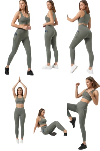 Haki Kadın Set Cepli Spor Tayt ve Fermuarlı Büstiyer Takım - Yoga Fitnes - Plates Seti