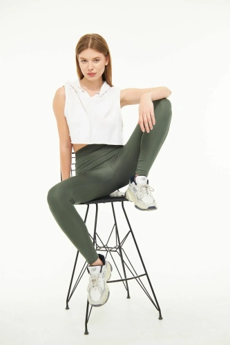 Haki Kadın Spor Tayt Sıkılaştırıcı Toparlayıcı Yüksek Bel Tam Boy Spor Tayt Leggings Fitness
