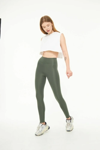 Haki Kadın Spor Tayt Sıkılaştırıcı Toparlayıcı Yüksek Bel Tam Boy Spor Tayt Leggings Fitness