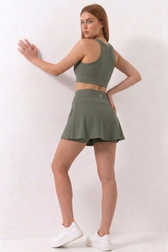 Haki Yüksek Bel Çift Katmanlı Mini Etek Tenis Eteği ve Fermuarlı Büstiyer Crop Takım