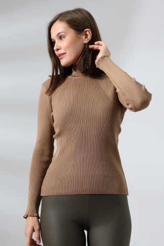 Kadın Camel Basic Yarım Balıkçı Yaka Triko Kazak
