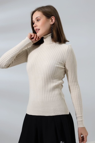 Kadın Ekru Basic Balıkçı Yaka Triko Kazak