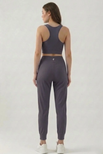 Kadın Füme Çift Cepli Yüksek Bel Jogger Eşofman Altı ve Fermuarlı Büstiyer Crop Alt Üst Takım