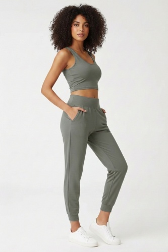 Kadın Haki Çift Cepli Yüksek Bel Lastikli Rahat Kesim Jogger Eşofman Altı