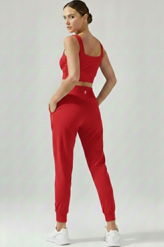 Kadın Kırmızı Çift Cepli Yüksek Bel Lastikli Rahat Kesim Jogger Eşofman Altı