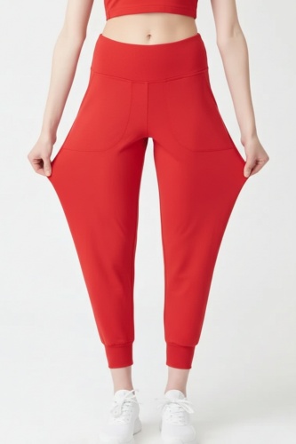 Kadın Kırmızı Çift Cepli Yüksek Bel Lastikli Rahat Kesim Jogger Eşofman Altı