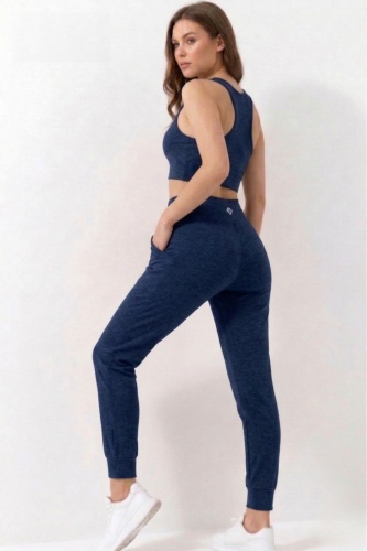 Kadın Lacivert Çift Cepli Yüksek Bel Jogger Eşofman Altı ve Fermuarlı Büstiyer Crop Alt Üst Takım