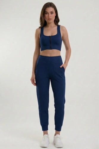Kadın Lacivert Çift Cepli Yüksek Bel Jogger Eşofman Altı ve Fermuarlı Büstiyer Crop Alt Üst Takım