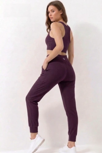 Kadın Mürdüm Çift Cepli Yüksek Bel Jogger Eşofman Altı ve Fermuarlı Büstiyer Crop Alt Üst Takım