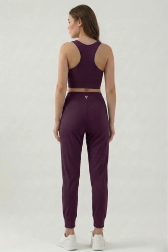 Kadın Mürdüm Çift Cepli Yüksek Bel Jogger Eşofman Altı ve Fermuarlı Büstiyer Crop Alt Üst Takım