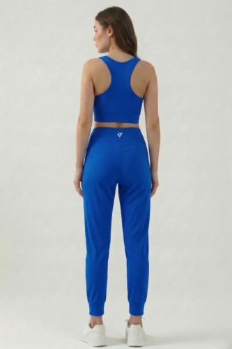 Kadın Saks Çift Cepli Yüksek Bel Jogger Eşofman Altı ve Fermuarlı Büstiyer Crop Alt Üst Takım