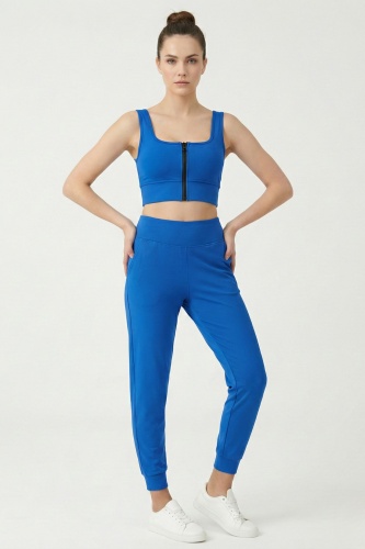 Kadın Saks Çift Cepli Yüksek Bel Lastikli Rahat Kesim Jogger Eşofman Altı