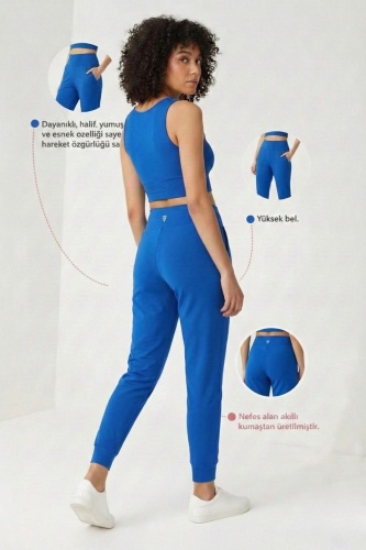 Kadın Saks Çift Cepli Yüksek Bel Lastikli Rahat Kesim Jogger Eşofman Altı