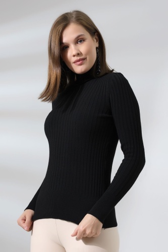 Kadın Siyah Basic Balıkçı Yaka Triko Kazak