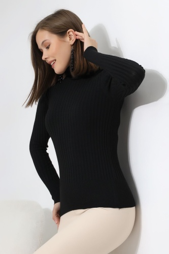 Kadın Siyah Basic Balıkçı Yaka Triko Kazak