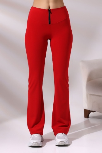 Kırmızı Kadın Fermuarlı İspanyol Paça Spor Tayt Sıkılaştırıcı Toparlayıcı Sporcu Bootcut Leggings