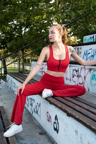 Kırmızı Kadın Set Spor Ispanyol Paça Tayt Ve Büstiyer Takım - Toparlayıcı Leggings