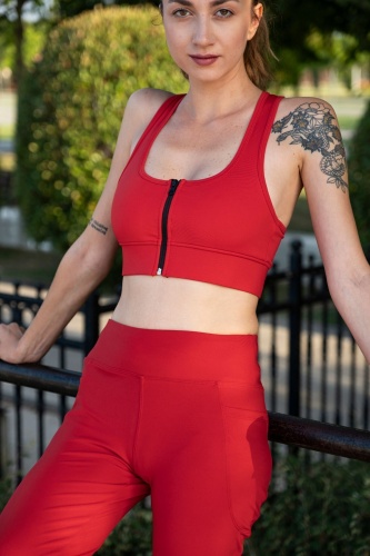Kırmızı Kadın Set Spor Ispanyol Paça Tayt Ve Büstiyer Takım - Toparlayıcı Leggings