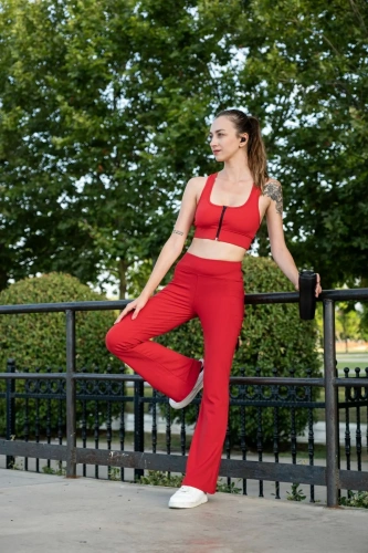 Kırmızı Kadın Set Spor Ispanyol Paça Tayt Ve Büstiyer Takım - Toparlayıcı Leggings