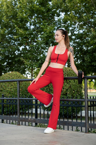 Kırmızı Kadın Set Spor Ispanyol Paça Tayt Ve Büstiyer Takım - Toparlayıcı Leggings